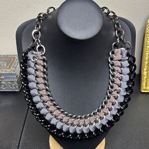 Pono Italy Braided Chain Ribbon Bib Started Necklace Gunmetal Silver Tone